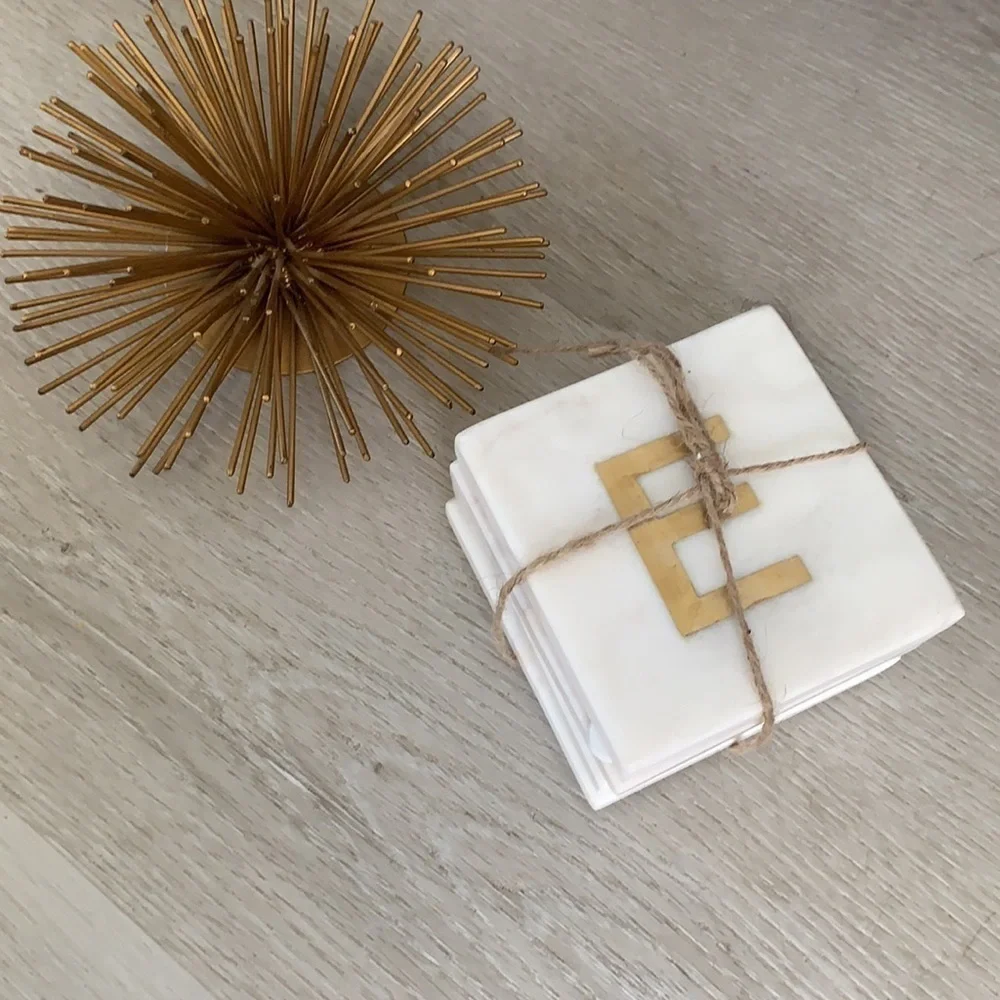 Set of‎ 4 Marble Drink Coasters monogram gold new